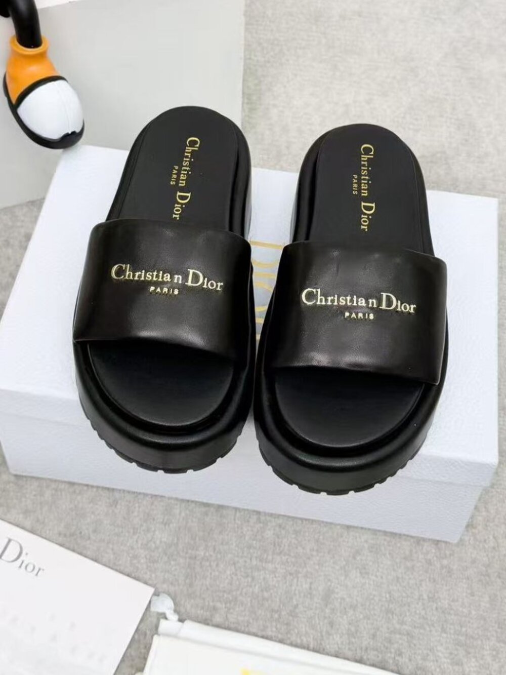 Dior Black Leather Gold Logo Platform Slide Wedge Sandals